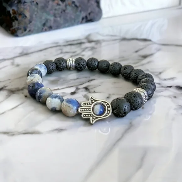 Blue Flower Agate & Lava Hamsa Bracelet - 8mm Unisex Natural Stones Stre… - Picture 2 of 2